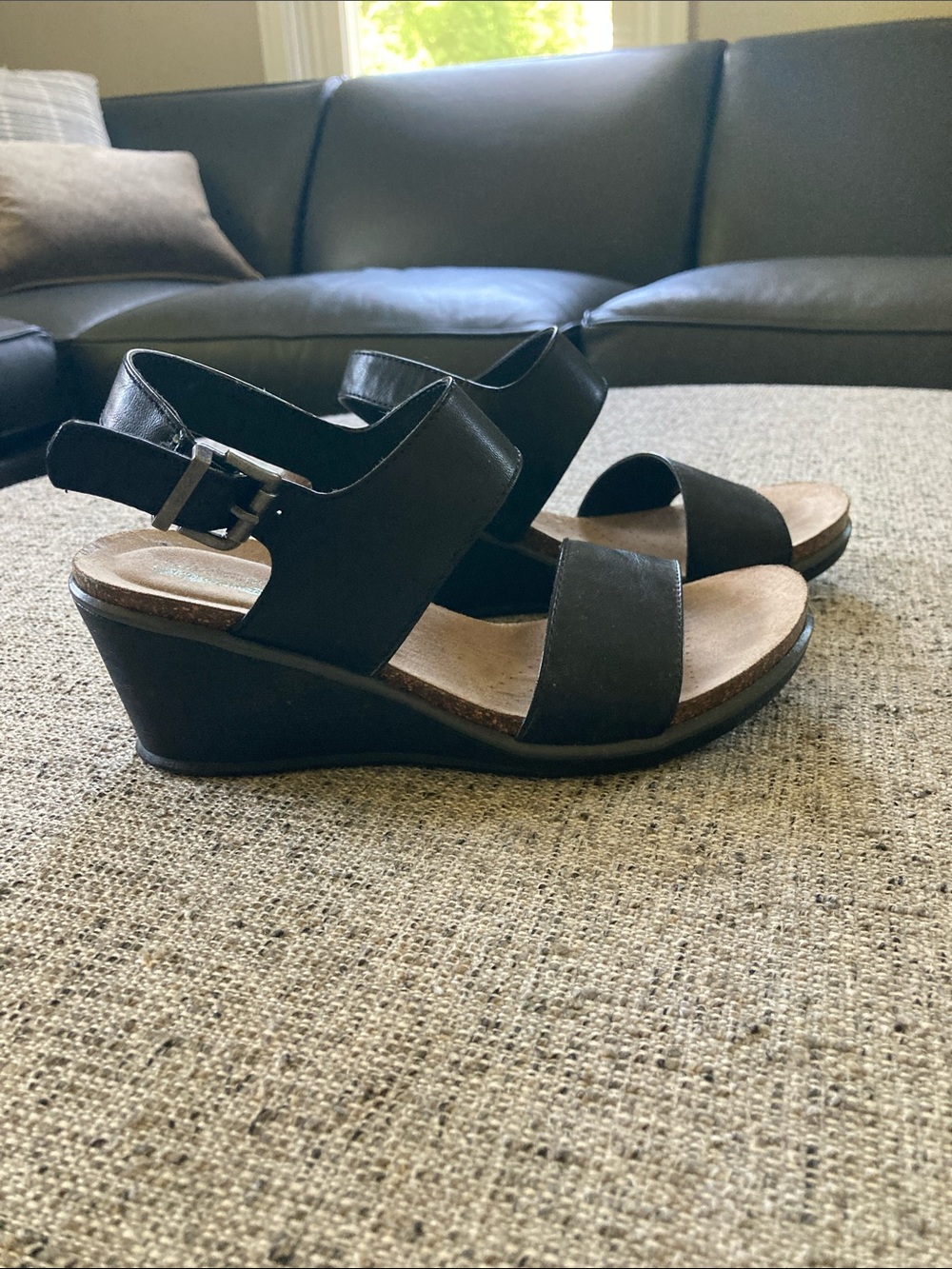 BareTraps Black Women's Wedge Sandals with Buckle Strap